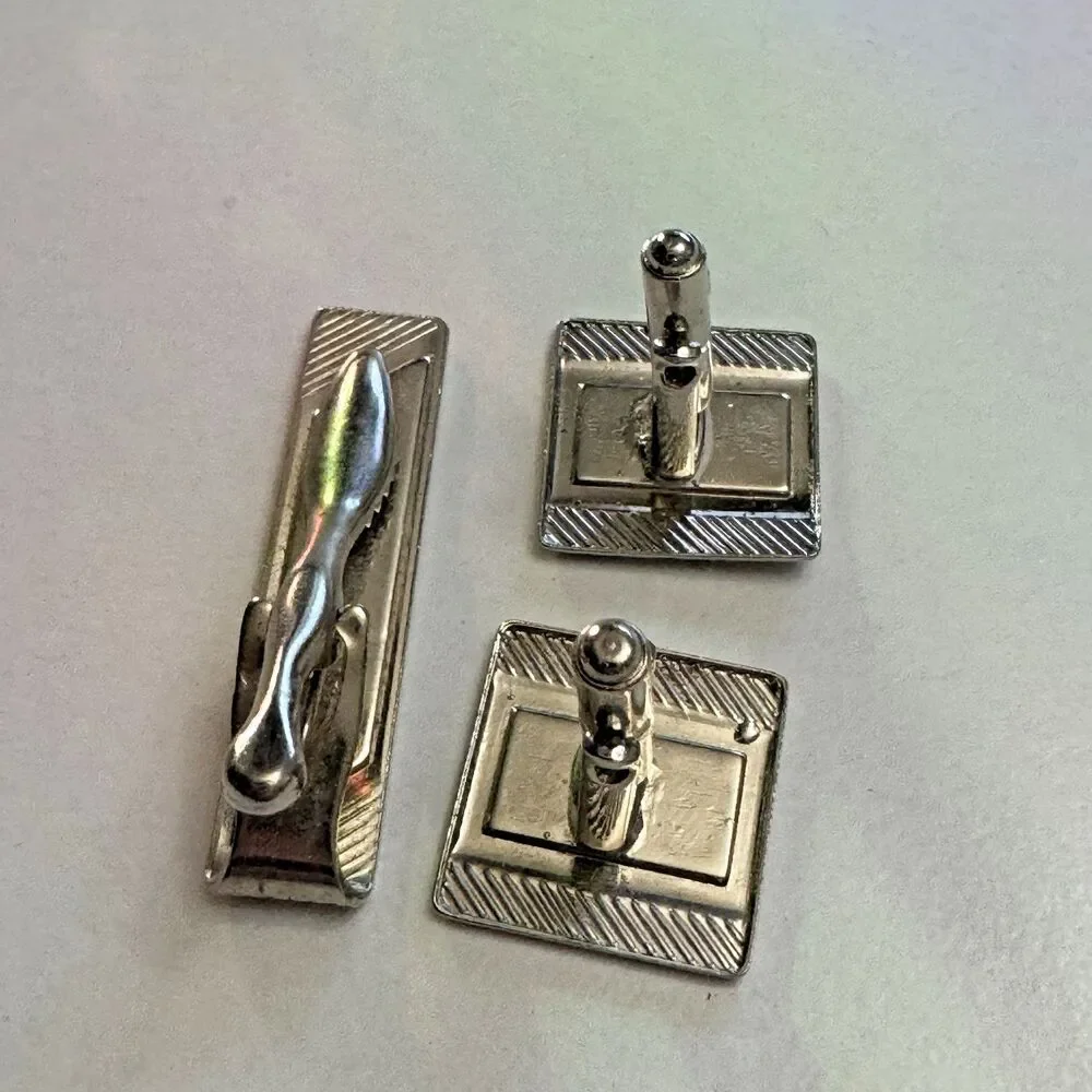 Vintage Gold Tone Cufflinks & Tie Clip Set Gray Inlay Rectangular Art Deco Look